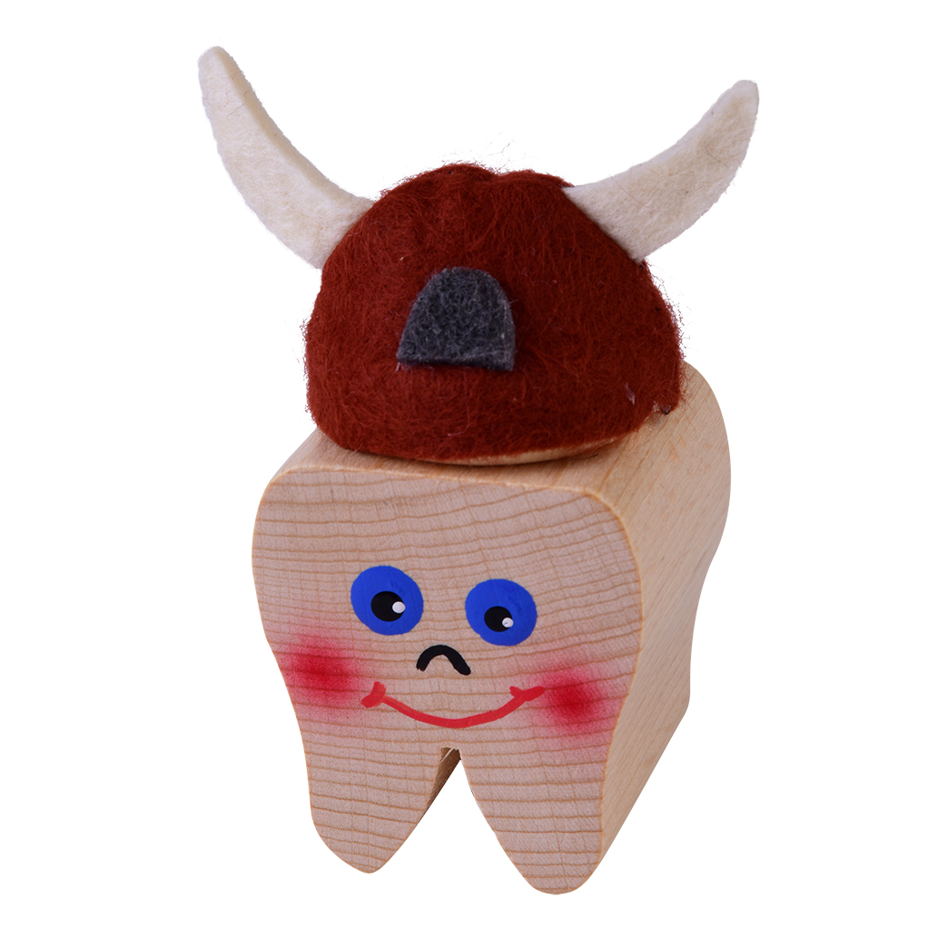 Kersa milk tooth box Viking Snorre made of wood with a brown fur hat and white horns, closed