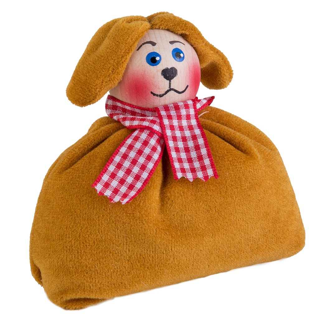 Kersa Einschlafhilfe Hund Schnuffi, Zirbensäckchen aus braunem Fleece mit Holzkopf und rot-weiß kariertem Halstuch