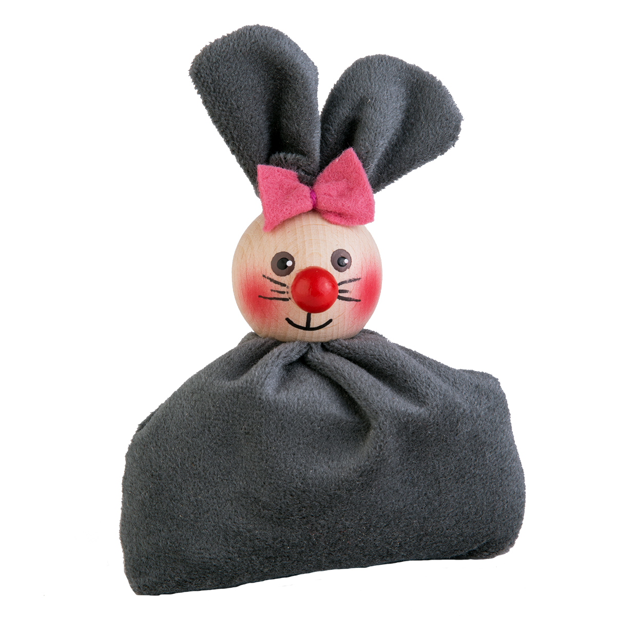 Kersa Einschlafhilfe Maus Lissy, Zirbensäckchen aus grauem Stoff mit Holzkopf, Mausohren und pinker Schleife