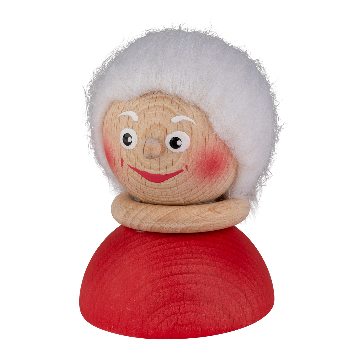 Kersa table puppet figure grandma with white hair, a friendly face and a red dress